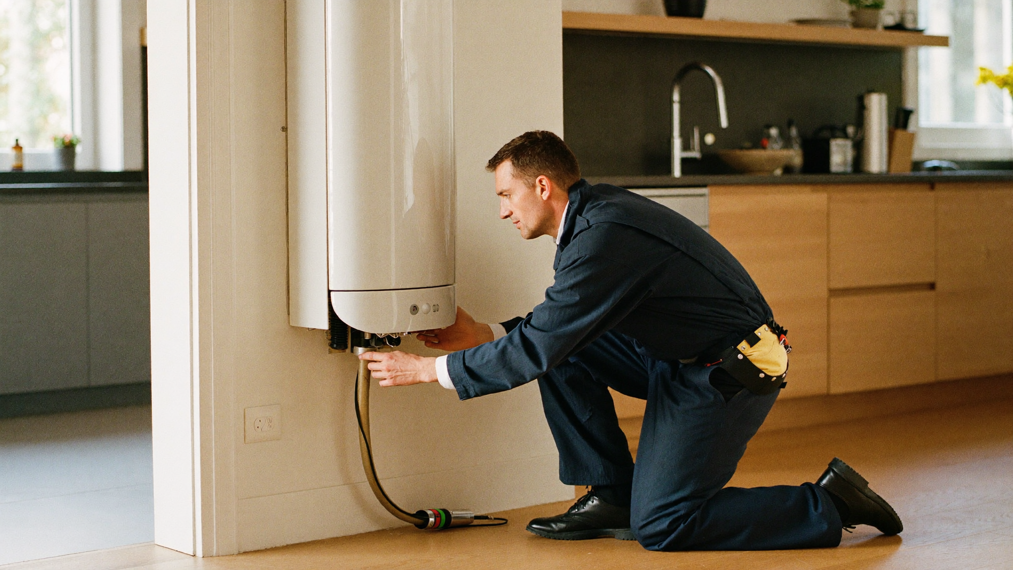 Heating engineer servicing a wall-mounted boiler